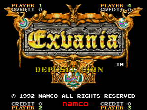 The title screen features a large golden ornate banner reading 'Exvania' centered on a black background, with decorative winged crests flanking both sides. Below the title sits a shield emblem with blue and gold coloring. Player score displays appear in the upper corners, with 'PLAYER 1' on the left and 'PLAYER 4' on the right. At the bottom, yellow text reads 'DEPARTMENT IN' with a small coat-of-arms emblem. A copyright notice for Namco and the year 1992 appears in white text at the bottom left corner. The overall aesthetic uses a medieval fantasy visual theme with pixel-based sprite art typical of early 1990s arcade graphics.