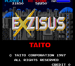 The title screen displays the large yellow "EXZISUS" logo centered over a dark blue cityscape with tall buildings and a prominent dome structure. At the top left, player and HI score indicators show "PLAYER 1" and "HI" with numerical values. The word "TAITO" appears in red text below the logo, followed by copyright information stating "© TAITO CORPORATION 1987 ALL RIGHTS RESERVED CREDIT 0" in white text at the bottom. The overall aesthetic uses a limited 8-bit pixel art style with blue, yellow, red, and black as the dominant colors.