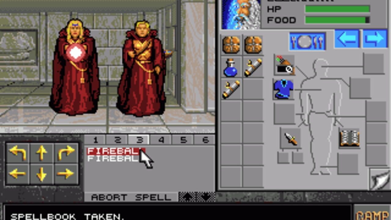 A dungeon combat interface displays two robed figures with glowing red chest emblems facing the player. The lower left shows directional arrow controls for movement in eight directions. The center displays a spell selection menu with "FIREBALL" highlighted and a cursor hovering over it, with an "ABORT SPELL" option below. The right panel shows a character inventory with HP and food status bars at top, various items including food and potions arranged in a grid, and an 8-bit style figure representation at bottom. The background shows a stone corridor with pillars.