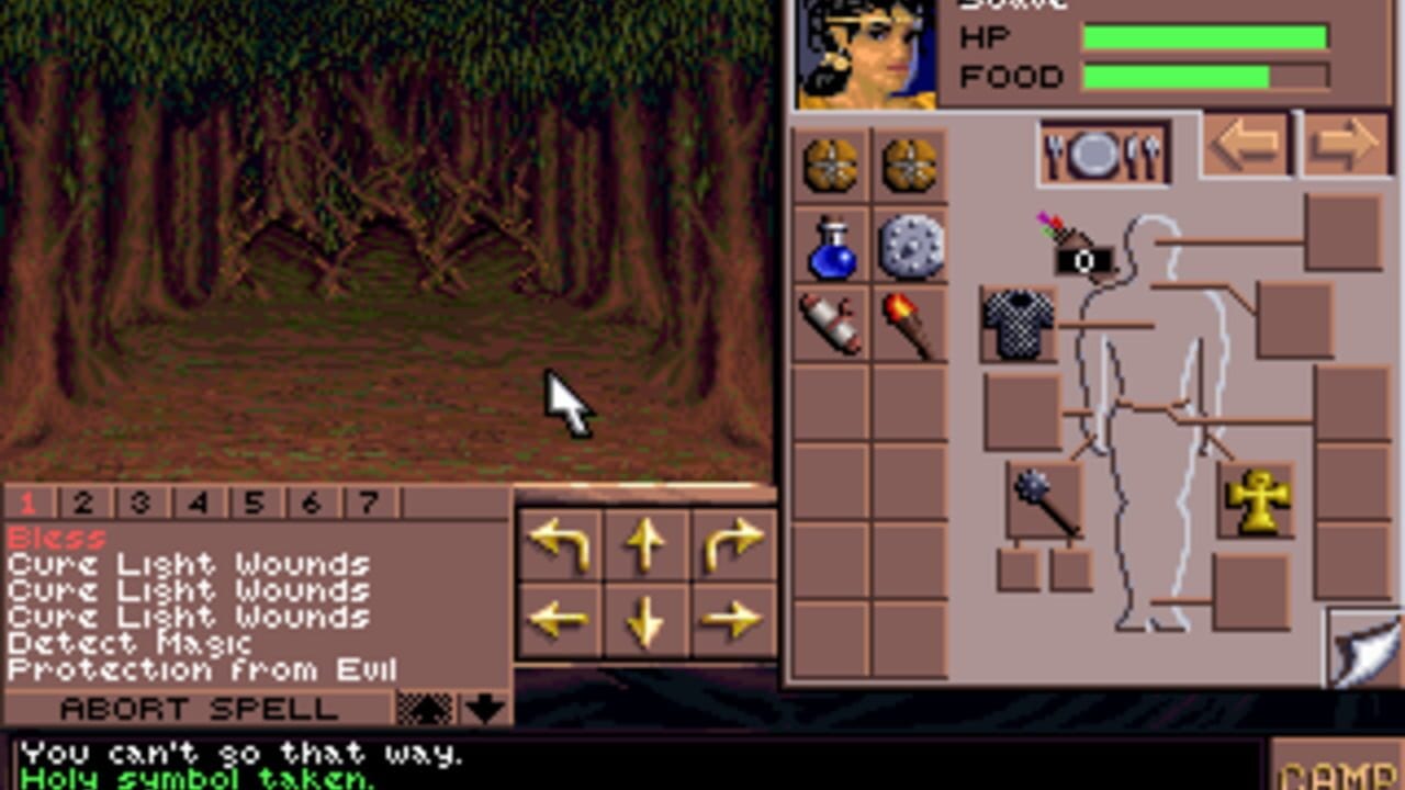 A first-person dungeon view displays a forest corridor with brown tree trunks in the background. The bottom-left shows a spell menu listing "Bless," "Cure Light Wounds" (repeated three times), "Detect Magic," and "Protection from Evil," with directional arrows for spell selection. The right panel contains a character portrait with green HP and Food bars, an inventory grid with various items including potions, torches, food, armor, and a yellow cross, and a dungeon map showing the character's position. Navigation arrows appear at screen center. Text states "You can't go that way" and "Holy symbol taken" at the bottom.