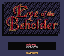 The title screen displays 'Eye of the Beholder' in large red and gold ornamental lettering centered against a dark textured background with diagonal hatching patterns. Below the title, a black bar contains '355 KB' and 'CAPCOM' in yellow text. The overall composition uses a dark color palette with red, gold, and black as the dominant hues, characteristic of early 1990s DOS game aesthetics.