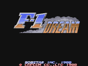 The F-1 Dream arcade title screen displays the game logo prominently in the center, featuring blue and orange pixelated lettering with an italicized design. Below the logo, red text reads "ROMSTAR" alongside "CAPCOM" and a copyright notice dated 1988. The background is solid black, creating high contrast with the colored text elements. The overall composition is centered and symmetrical, typical of 1980s arcade title screens.