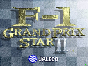 The title screen displays "F-1 GRAND PRIX STAR II" in large gold pixelated text against a textured gray and white checkered background. Below the title, the Jaleco developer logo appears in white text with a blue and white wave pattern icon. The overall composition uses a simple two-color palette with the gold lettering as the dominant visual element centered on screen.