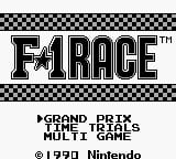 The F-1 Race title screen displays the game logo in large bold white letters at the top against a checkered black and white border pattern. Below the title are four menu options in white text: "1 PLAYER", "2 PLAYERS", "MULTI ROUTES", and "RECORDS". At the bottom, copyright text reads "©1990 Nintendo" in small white lettering. The overall design uses a minimalist approach with high contrast black and white graphics typical of Game Boy display capabilities.