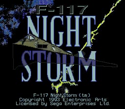 The title screen displays "F-117 NIGHT STORM" in large silvery-blue text centered on a black background. A military aircraft silhouette is visible in the upper portion, rendered in olive green and tan colors. Yellow lightning bolts streak across the image diagonally. Below the title, copyright text reads "© 1990 Storm Game, Rareware, Inc." in small white lettering. The overall art style uses 16-bit sprite graphics typical of early Sega Mega Drive releases, with a dark military theme emphasized by the color palette and combat aircraft imagery.