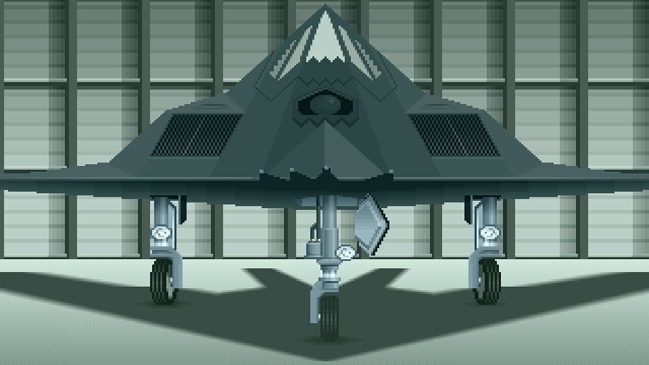A pixelated side-view hangar scene shows a dark gray stealth fighter aircraft with a pointed nose cone, white snow-capped peak detail on top, and diamond-shaped intake panels on its sides. The aircraft sits on a concrete tarmac with three landing gear visible. Behind it stands a modern hangar building with light gray gridded windows and a dark peaked roof with a central circular window. The color palette consists of muted grays, dark teals, and pale greens typical of 8-bit NES graphics.