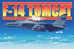 The title screen displays a large red and blue "F-14 TOMCAT" logo at the top against a blue gradient sky background. Below the text, a blue fighter jet is shown in flight from a side angle, with a smaller helicopter visible to its right. The background features a horizon line with white clouds and blue sky, creating a sense of aerial perspective. The overall image uses bright primary colors and simple geometric shapes typical of Game Boy Advance sprite graphics.