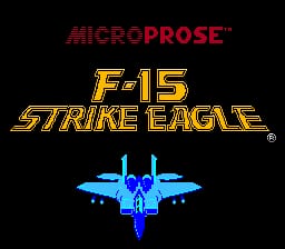 The title screen displays the MicroProse logo in red text at the top, followed by the game title "F-15 STRIKE EAGLE" in large yellow capital letters with a gold outline. Below the text sits a blue pixel-art sprite of an F-15 fighter jet viewed from above, centered on the black background. A registered trademark symbol appears in the bottom right corner.