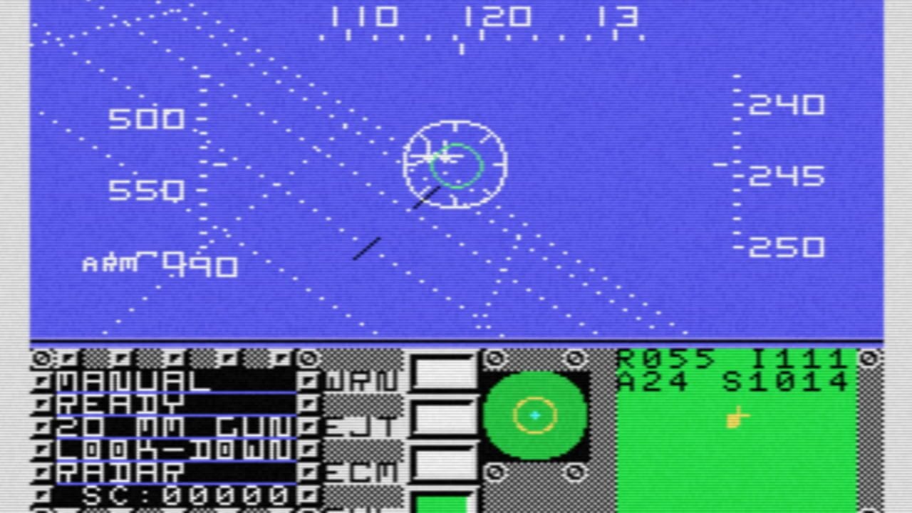 A split-screen flight simulator display shows a blue radar view in the upper portion with a circular target indicator, altitude readings of 500, 550, and ARM-940 marked on the left, and numerical values 240-250 on the right. The lower portion displays a green radar screen with coordinate data and targeting information. A control panel at bottom left shows various flight parameters and instrumentation with black text on blue background, while three white dropdown menus and a green circular indicator appear in the center-lower section against a checkered gray background.