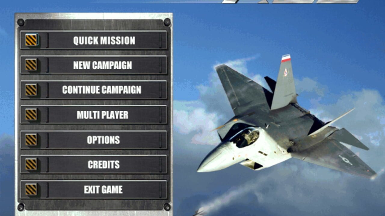A main menu screen displays seven selectable options arranged vertically in dark gray boxes with yellow-and-black striped icons on the left: Quick Mission, New Campaign, Continue Campaign, Multi Player, Options, Credits, and Exit Game. To the right, a white and dark gray fighter jet with a red and white tail marking is shown in flight against a blue sky with white clouds, viewed from the side angle.