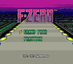 The F-Zero title screen displays the game's logo in large blue and pink pixelated letters at the top center, positioned above a racing track viewed from an elevated perspective. The track features yellow and green lane markers running through the middle of the screen against a gray road surface. Two menu options appear below the track: "GRAND PRIX" and "PRACTICE" in green text. At the bottom, copyright text reads "© 1990 Nintendo" in white. A purple-tinted sky fills the background with a distant cityscape silhouette.