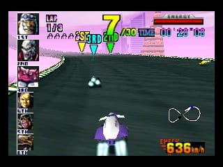 A racing vehicle with purple and white coloring drives on a dark gray track in a 3D racing game viewed from behind. The heads-up display shows a speedometer reading 638 km/h in orange text at the bottom right. The left side contains a vertical column of character portraits in small frames. At the top, a pink interface bar displays race information including numbers and text. Two white opponent vehicles are visible ahead on the track. The track curves slightly into the distance against a dark background.