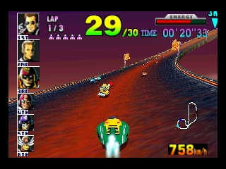 A bright green racing vehicle with a cyan engine glow drives down a futuristic track suspended above a dark red landscape. The track curves ahead into the distance with orange lighting and geometric barriers. The left panel displays six character portrait boxes stacked vertically. The top-right HUD shows lap count (29/30), timer (00:20:33), and speed reading (758 km/h) in yellow text. The overall art style uses vibrant primary colors, polygonal track geometry, and pre-rendered 3D background scenery typical of mid-1990s N64 graphics.
