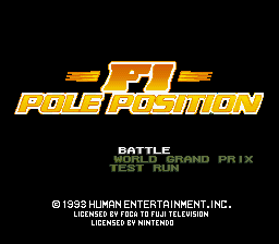 The F1 Pole Position title screen displays the orange and yellow pixelated logo at the top center against a black background. Below the logo, green text reads "BATTLE" and "TEST RUN" with "TEST GRAND PRIX" visible underneath. A copyright notice appears at the bottom stating "© 1993 HUMAN ENTERTAINMENT, INC." followed by licensing information referencing Pole to Pole Television Network and Monaco Grand Prix. The overall design uses a simple color palette of orange, yellow, green, and black typical of early 1990s SNES graphics.