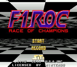 The title screen displays "F1 ROC" in large purple and blue pixelated lettering with "RACE OF CHAMPIONS" underneath in yellow text. Below are two menu options in yellow: "START" and "RECORD". The background features a geometric pattern with gray and black diagonal stripes radiating outward. At the bottom, copyright information reads "1992 SETA U.S.A. INC" and "LICENSED BY" in small yellow text. The overall color palette consists of purple, blue, yellow, black, and gray against a striped backdrop typical of early 1990s SNES title screen design.