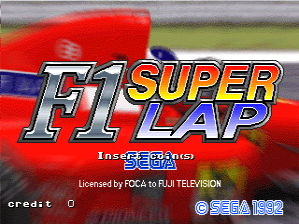 The title screen displays a large red race car in the upper portion with the "F1 SUPER LAP" logo prominently centered, rendered in yellow and blue metallic lettering. Below the logo sits "Insga Games" text, followed by licensing information stating "Licensed by FOCA to FUJI TELEVISION." A credit counter showing "credit 0" appears in the bottom left corner, while the SEGA logo is positioned in the bottom right. The background features a gradient from gray to green, suggesting a racing environment. The overall visual style uses bright colors typical of early 1990s arcade graphics.