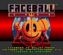 The title screen displays 'FACEBALL' in large pixelated white letters at the top, with a trademark symbol. Below sits a score display reading 2-0-0-0 in red numerals. The centerpiece is a large orange spherical smiley face with red geometric patterns, set against a blue and red background with a gradient effect. At the bottom, white text lists development credits for Xanth Software and FZX, with license information. The overall aesthetic uses low-resolution pixel graphics typical of early 1990s video game design.
