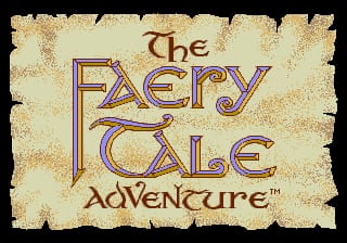 A parchment-textured title screen displays "The Faery Tale Adventure" in large purple and gold decorative lettering centered on a cream-colored background. The text uses ornate serif fonts with gradient fills. Brown decorative text reading "adventure" appears beneath the main title. The entire screen has a weathered, aged paper appearance with darker edges and a mottled tan color palette.