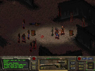 An isometric overhead view of a desert wasteland settlement with scattered figures in brown and red clothing positioned across sandy terrain. A UI panel spans the bottom of the screen with green text dialogue options on the left side, a central inventory or status window, and red and blue interface elements on the right. The landscape features dark rocky outcroppings and structures silhouetted against a murky brown sky. The graphics use low-resolution pixel sprites characteristic of 1990s computer RPGs.
