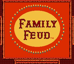 The title screen displays "FAMILY FEUD" in large burgundy letters centered within a yellow circle against a bright orange background. A decorative border of small dots frames the entire composition, and the outer edge features a darker red rectangular frame. The visual style uses a flat, bold color scheme typical of early 1990s NES graphics.