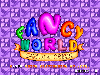 The title screen displays large colorful 3D-rendered letters spelling "WORLD" in blue, magenta, orange, and green against a purple checkerboard pattern background. Below sits a yellow banner reading "EARTH of CRISIS" in purple text. At the bottom, white text shows "1996 Union Corporation Co., Ltd" and copyright information. The overall composition uses a vibrant purple and white checkered tile pattern filling the entire background, with the rendered title elements positioned centrally.
