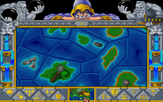 A tactical overhead map display shows a blue hexagonal grid with green-outlined landmasses scattered across it. Ornate medieval-style borders frame the map on all sides, featuring gold and blue decorative elements with tower structures at the corners. A status bar at the bottom displays game information and unit icons. The visual style uses 16-bit DOS-era graphics with limited color palette and pixelated sprites typical of early 1990s strategy games.