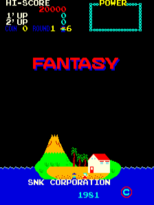 The title screen displays "FANTASY" in large magenta letters at the center. Below sits a pixelated yellow volcano with a green base and red-roofed house at its slope, set against a blue wavy terrain representing water. The top left shows a score panel with "HI-SCORE 25000", "1' UP 0", and "2' UP 0" alongside a power meter in cyan. At the bottom, "SNK CORPORATION" and "1981" appear in cyan text, with a copyright symbol. The entire screen uses bright primary colors on a black background typical of early 1980s arcade aesthetics.