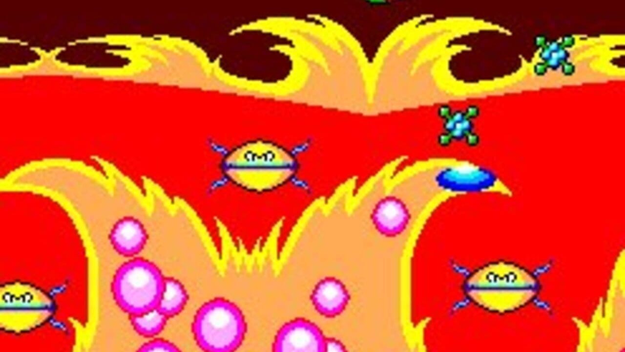 A bright red background fills the screen with yellow and peach-colored wave formations at top and bottom. A yellow spaceship with blue prongs occupies the center, surrounded by magenta and pink spheres of varying sizes clustered in the lower portions. Small cyan cross-shaped enemies float in the upper right area, while three additional yellow spaceships with blue antennae appear positioned around the edges. The sprite-based visuals use bold primary colors typical of early 1980s arcade game aesthetics.