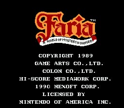 The title screen displays the Faria logo in large red and gold lettering at the top center, with a subtitle reading "A World of Mystery & Danger" beneath it. Below the logo, copyright and licensing information is shown in white text on a black background, listing Game Arts Co., Ltd., Colon Co., Ltd., Hi-Score Media, Nexoft Corp., and Nintendo of America Inc. as copyright holders and licensors from 1989-1990.