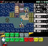 A top-down isometric view displays a mecha unit in green and brown tones positioned on a tiled blue water surface with yellow-brown structures. The HUD shows resource bars at the top displaying HD, health, and ammunition counts. A dense grid of colored buttons spans the bottom interface in red, green, yellow, and blue, representing weapon or system controls. Pixelated sprites and terrain tiles reflect the NGPC's limited resolution, with a small map indicator visible in the upper left corner.