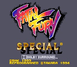 The title screen displays 'Fatal Fury' in large red and yellow stylized lettering with purple accents at the top center. Below in gold text reads 'SPECIAL' with a registered trademark symbol. At the bottom, white text lists 'DOLBY SURROUND', 'SNK 1993', 'PROGRAMMED BY TAKARA 1994'. The background is solid gray, and the overall design uses a 16-bit SNES-era pixel art style with vibrant primary colors for the logo.