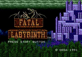 The title screen displays a large golden "FATAL LABYRINTH" logo in the center with a menacing spider creature perched above it. To the right stands a tall purple stone castle tower against a black background. Green grass and foliage form the top border. Below the title text reads "START BUTTON" in white letters. A SEGA copyright notice appears in the lower right corner, dated 1991. The overall color palette consists of earth tones and purples rendered in 16-bit sprite graphics typical of early Genesis-era titles.