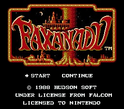 The title screen displays 'Faxanadu' in large orange and red pixelated lettering against a black background, with a castle silhouette visible behind the text. Below the title are two menu options: 'START' on the left and 'CONTINUE' on the right, separated by a plus symbol. Copyright text reading '© 1988 HUDSON SOFT' and licensing information from Falcom and Nintendo appears at the bottom in white pixelated font. An ornate orange-outlined border frames the entire screen.