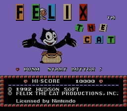 Felix the Cat's title screen displays the character in the center wearing a yellow checkered outfit with arms raised, set against a purple background. The title 'FELIX THE CAT' appears at the top in large pixelated letters with a TM symbol. Below Felix are the words 'IN THE' and 'CAT' arranged to the right. At the bottom, copyright text reads '©1992 HUDSON SOFT' and 'FELIX THE CAT PRODUCTIONS, INC.' with 'Licensed by Nintendo' beneath it. A brown decorative border frames the lower portion of the screen, typical of NES-era title screens.