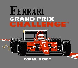 The title screen displays 'FERRARI GRAND PRIX CHALLENGE' in bold text centered at the top, with 'FERRARI' in black serif font and the subtitle in white and red lettering. Below is a bright red Formula 1 race car viewed from above at a three-quarter angle, rendered in detailed pixel art with black tires and white accents. The car sits on a gray background with a checkered flag pattern visible to the left. 'PRESS START' appears in white text at the bottom of the screen.