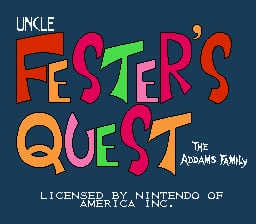The title screen features colorful, large pixelated letters spelling 'FESTER'S QUEST' against a dark blue background, with each letter in a different bright color including red, green, orange, and purple. Above the main title, 'UNCLE' appears in smaller gray text. Below, a white subtitle reads 'THE ADDAMS FAMILY' on the right side. At the bottom, licensing text states 'LICENSED BY NINTENDO OF AMERICA INC.' in white. The art style uses 8-bit sprite graphics typical of NES games.