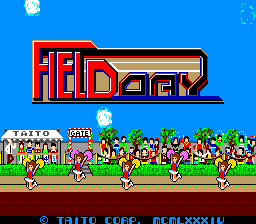The title screen displays a large red and black "FIELD DAY" logo at the top against a bright blue sky background. Below the logo, a brown wooden structure resembles bleachers or stadium seating. The lower portion shows a green grass field with a row of seven pixelated female figures in colorful athletic uniforms (red, pink, yellow, blue) standing in a line. A brown dirt area sits beneath the field. At the bottom, white text reads "TAITO CORP. MCMLXXXIV" on a black bar. Small white clouds appear in the upper right corner.