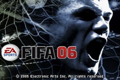 The FIFA 06 title screen displays a close-up of a player's face in profile on the left side, rendered in grayscale tones with visible pixelation typical of GBA graphics. The EA Sports logo appears in the upper left corner, while the FIFA 06 logo is prominently positioned in white text in the center. A soccer net pattern overlays the background, creating depth behind the player's face. The overall color palette is muted, dominated by grays and blacks against a dark background.
