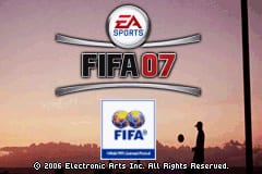 The FIFA 07 title screen displays the EA Sports and FIFA logos at the top, separated by two horizontal silver bars. Behind the logos, a gradient sky transitions from purple to orange, suggesting sunset or sunrise. Below the main branding sits the official FIFA emblem in the center. A silhouette of a person with raised arm appears on the right side against the colored sky backdrop. At the bottom, copyright text reads '© 2008 Electronic Arts Inc. All rights reserved.' The overall composition uses a warm color palette with pixel-art resolution typical of Game Boy Advance graphics.