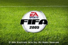 The FIFA Soccer 2005 title screen displays a large circular logo with the EA Sports emblem at top and 'FIFA 2005' text in the center, positioned against a bright green grass field background. A horizontal white stripe runs across the middle of the screen. At the bottom, copyright text reading '© 2004 Electronic Arts Inc. All Rights Reserved.' appears in white. The overall design uses a simple, clean layout typical of GBA-era sports game menus.