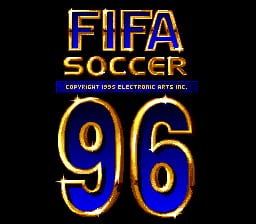 The FIFA Soccer 96 title screen displays the game's logo in large blue and yellow pixelated text at the top center, with "SOCCER" positioned below "FIFA". A copyright notice for Electronic Arts appears in small text underneath. Below the logo, the number "96" is rendered in oversized blue numerals with yellow outlines, dominating the lower half of the black background. The entire design uses the chunky sprite-based aesthetic typical of early 1990s SNES graphics.