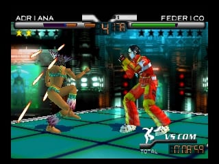 Two 3D-rendered fighters face each other in a teal-lit arena with dark structural elements and glowing panels in the background. The left fighter wears tan/brown clothing and performs a low kick, while the right fighter in red and yellow executes a defensive stance. Character health bars labeled "ADRIANA" and "FEDER I CO" appear at the top in cyan and red respectively. The arena floor is gray-green, and the overall scene uses early N64-era polygonal graphics with visible texture detail on the fighters and environment.
