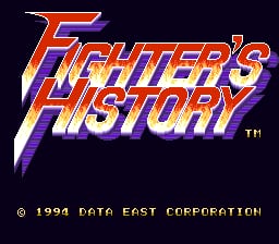 The Fighter's History title logo dominates the center in large orange and purple letters with a lightning bolt accent, rendered in a bold arcade style against a dark blue-black background. Below the logo, copyright text reads '© 1994 DATA EAST CORPORATION' in yellow pixelated font. The overall design uses a flat, two-dimensional aesthetic typical of early-1990s fighting game title screens.