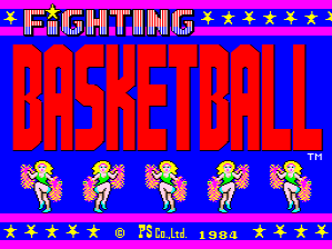 The title screen displays "FIGHTING BASKETBALL" in large red pixelated letters against a blue background with yellow stars arranged in horizontal bands at top and bottom. Five identical yellow sprite characters wearing orange shorts are positioned in a row across the middle of the screen. The arcade cabinet credits "Paradise Co. Ltd." and the year "1984" appear in smaller text at the bottom, with "FS" visible on the left side. The overall color scheme uses primary colors with high contrast, typical of early 1980s arcade graphics.