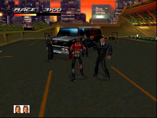 A 3D rendered scene shows two characters standing on an asphalt parking lot at night with a city skyline and bright orange building structures visible in the background. The character on the left wears a red outfit, while the character on the right is dressed in dark clothing. A dark-colored vehicle is parked behind them. The HUD displays a health meter in the lower-left corner, and a score counter showing 1150 appears in the upper-left. Yellow line markings are painted across the ground.