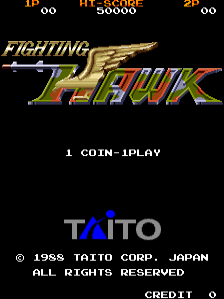 The title screen displays the Fighting Hawk logo in large gold and red lettering across the center, with a stylized hawk graphic integrated into the design. Score information appears at the top showing IP 00, HI 30000, and 2P 00 in white text against the black background. Below the logo, white text reads "1 COIN-1PLAY". The Taito company logo appears in blue and red letters in the lower portion, followed by copyright text stating "© 1988 TAITO CORP. JAPAN ALL RIGHTS RESERVED" and a "CREDIT" indicator. The overall image uses a limited 8-bit color palette typical of late-1980s arcade games.