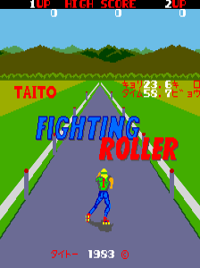 The title screen displays "FIGHTING ROLLER" in large blue and red pixel text centered on the upper half. A small blue sprite character stands on a gray road in the middle of the screen, facing forward. Green grass and trees form the background landscape. The score panel at the top shows "HIGH SCORE" and "2 UP" with numerical values. At the bottom, yellow text reading "フイター 1983" appears above a red score display. The road extends into the distance with white lane markings and brown barriers on either side.