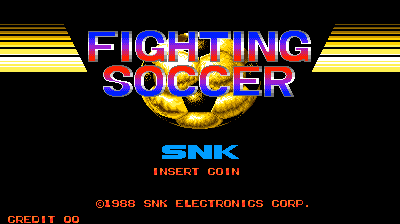 The title screen displays "FIGHTING SOCCER" in large blue and red pixelated letters centered above a golden soccer ball graphic. Yellow and white horizontal stripes frame the top and bottom edges. Below the title, "SNK" appears in blue text, followed by "INSERT COIN" in red. At the bottom, copyright text reads "©1999 SNK ELECTRONICS CORP." in orange, and "CREDIT 00" appears in green on the lower left. The background is solid black.