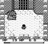 A top-down view of a stone-walled dungeon or castle chamber with a small sprite character positioned left of center on a light-colored floor. A dark circular object sits in the center of the room. The brick walls form doorways and alcoves, rendered in monochrome pixel art typical of Game Boy graphics. A status bar spans the bottom displaying health points, magic points, and experience values in white text against a dark background.