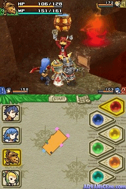 A top-down isometric dungeon battle displays a player character in blue facing a large skeletal armored boss with a glowing red aura. The HUD shows HP bars at top (106/128 for player, 151/161 for ally), spell icons arranged in the bottom-left grid, and item slots on the right. The environment features brown stone ground and darker shadowed areas, with a green grass strip at the bottom. Combat UI elements include status numbers and ability selections arranged in a typical RPG grid layout.
